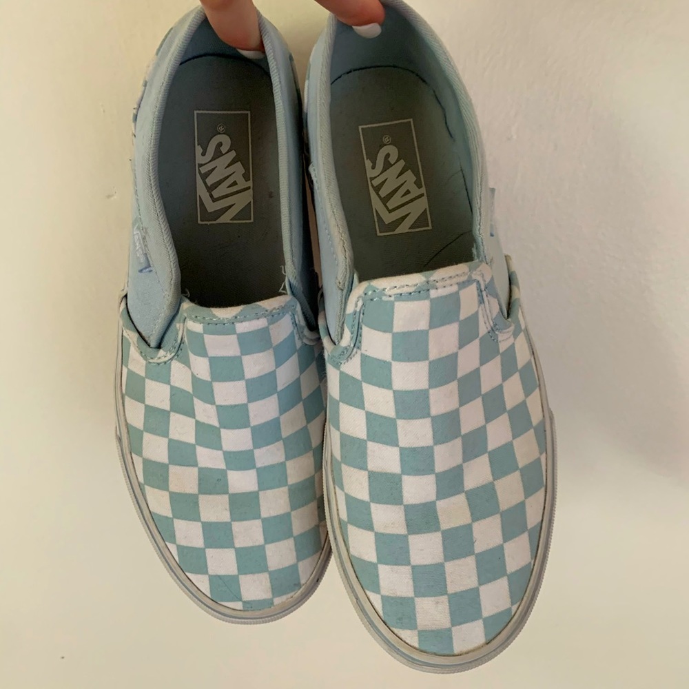 baby blue checkered slip on vans !!